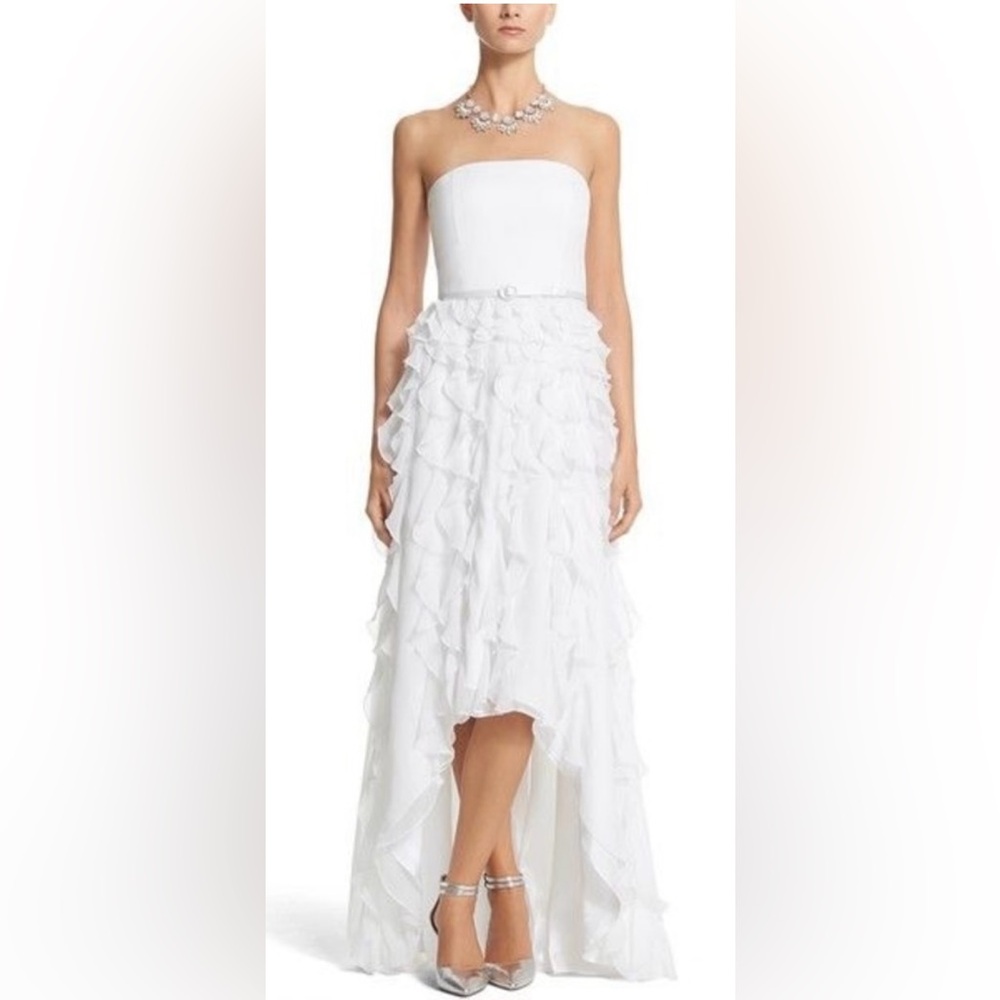 NWT White House Black Market Strapless Waterfall Ruffle High Low Gown in White